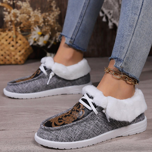 New Round Toe Flower Printed Canvas Flats Shoes Winter Casual Warm Plus Velvet Women's Plush Shoes