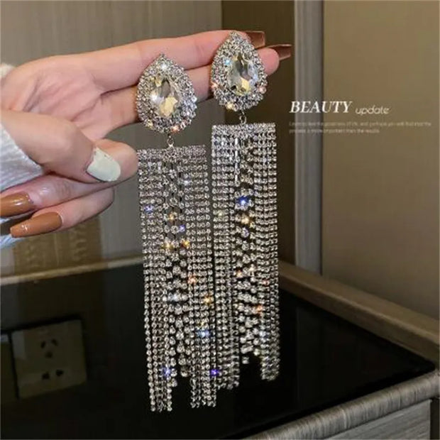 FYUAN Black Gold Color Water Drop Crystal Earrings Oversize Long Tassel Rhinestone for Women Dangle Earring Statement Jewelry