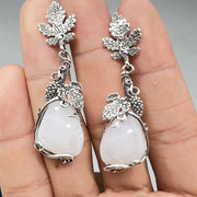 vintage water droplets white stone earrings silver color metal carved leaves long dangle earrings for women