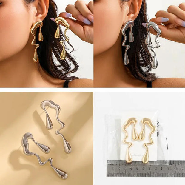 New Creative Metal Irregular Water Drops Stud Earrings for Women Vintage Gold Color Geometric Long Earrings