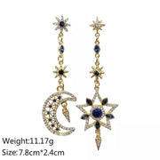 Elegant silver plate Post Asymmetric Star Moon Earrings Long Gold color Chain Inlaid Zircon Statement Tassel Sparkling Earrings