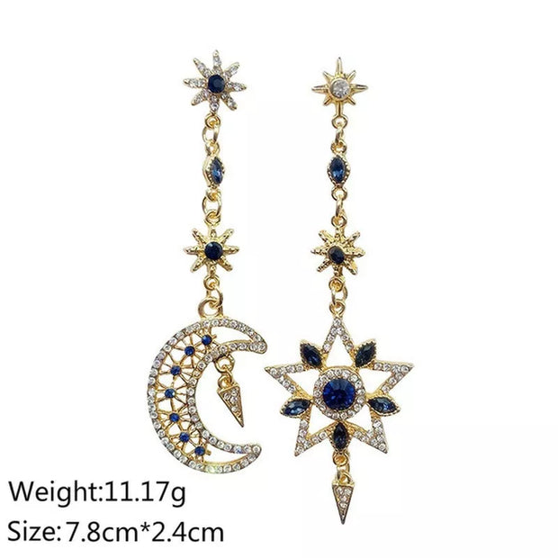 Elegant silver plate Post Asymmetric Star Moon Earrings Long Gold color Chain Inlaid Zircon Statement Tassel Sparkling Earrings