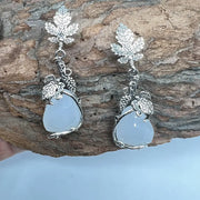 vintage water droplets white stone earrings silver color metal carved leaves long dangle earrings for women
